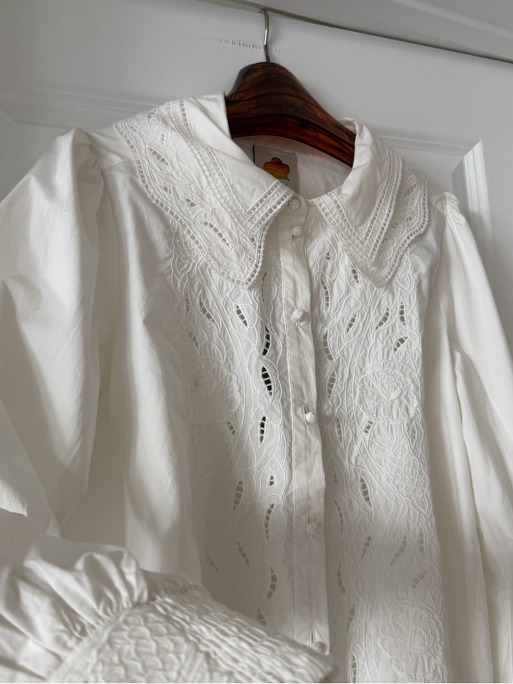 Farm Rio Off-White Embroidered Lace Buttoned Smocked Cuff Shirt - Picture 2 of 9